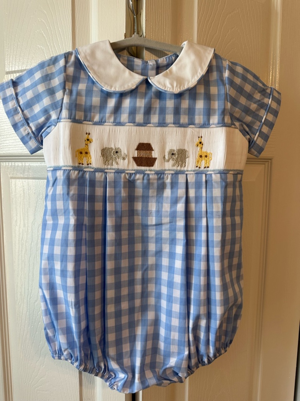 Blue Gingham Smocked Baby One-Piece with Noah's Ark Motif